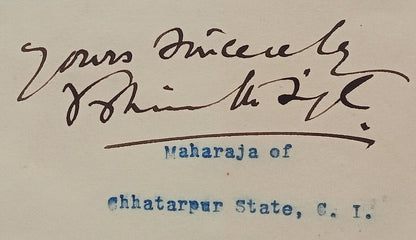 CHHATARPUR STATE India 1913 crested letter signed MAHARAJA Vishwanath Singh