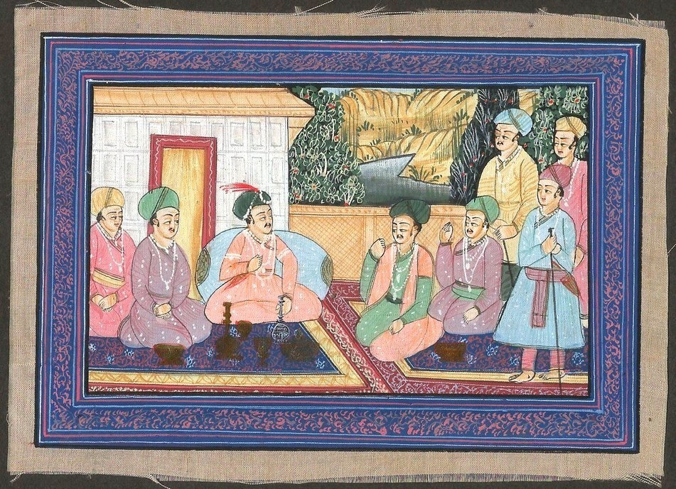 India vintage 20th century Mughal Painting on silk 11cm x 15.5cm