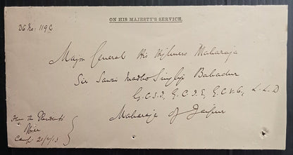 AOP India 1913 OHMS env from Residence Camp to Madho Singh Maharaja of Jaipur