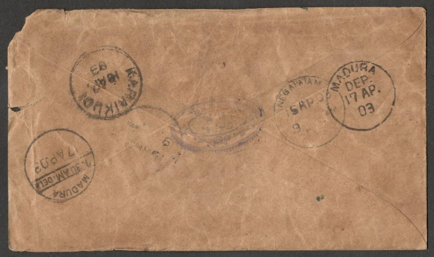 (AOP) India boxed PAQUEBOT of Negapatam on 1903 Foreign Postage Due cover