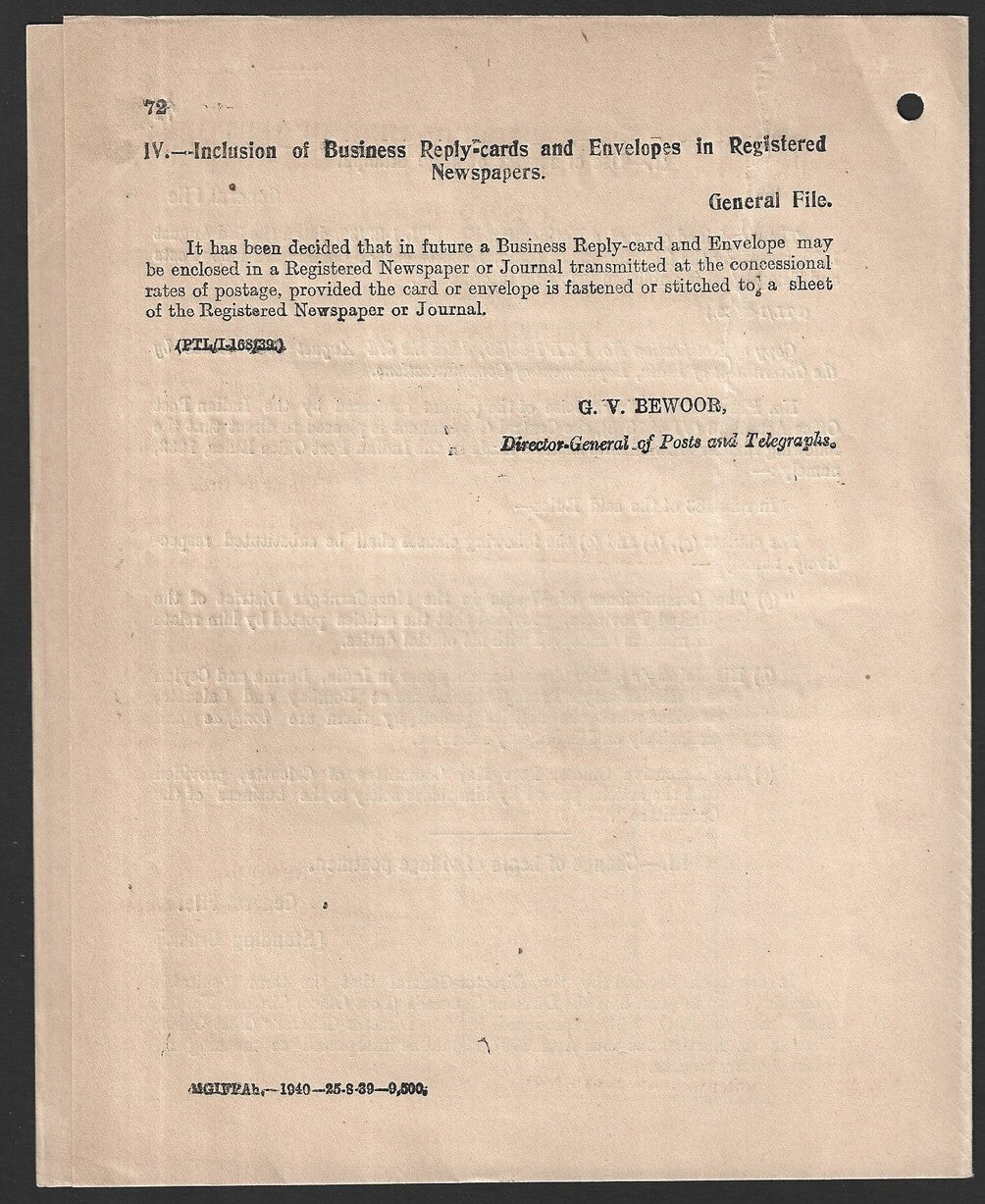 India 1939 POSTAL NOTICE - several topics Posting of Registered Newspapers