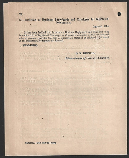 India 1939 POSTAL NOTICE - several topics Posting of Registered Newspapers