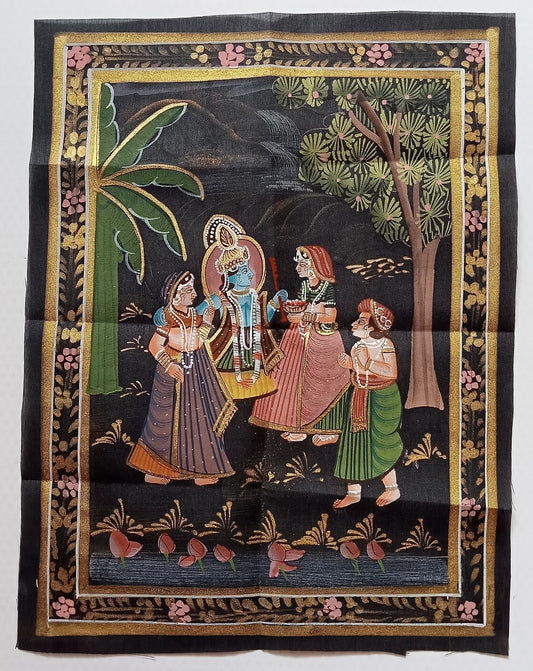 India vintage hand painting on cloth RADHA, KRISHNA & BALRAM 9 x 12 inches