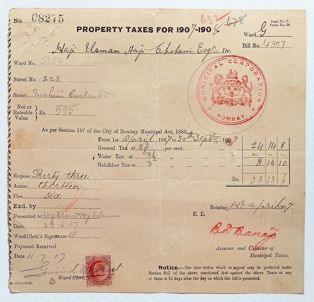 BOMBAY, India 1907 Property Tax form