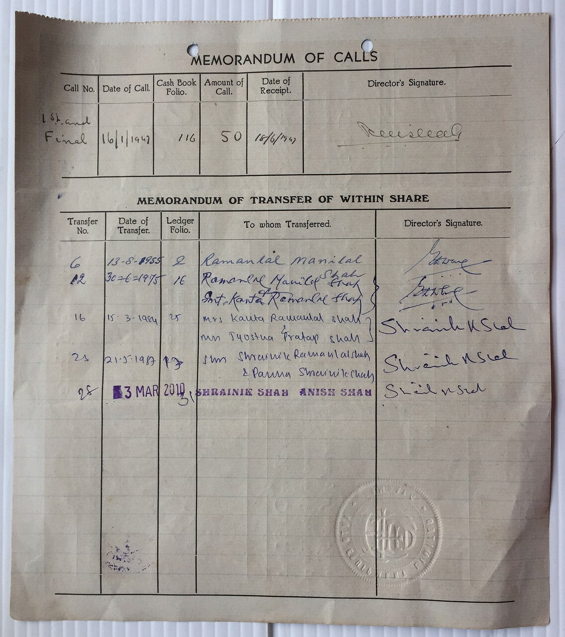 India AUTO EQUIPMENT LIMITED 1947 share certificate