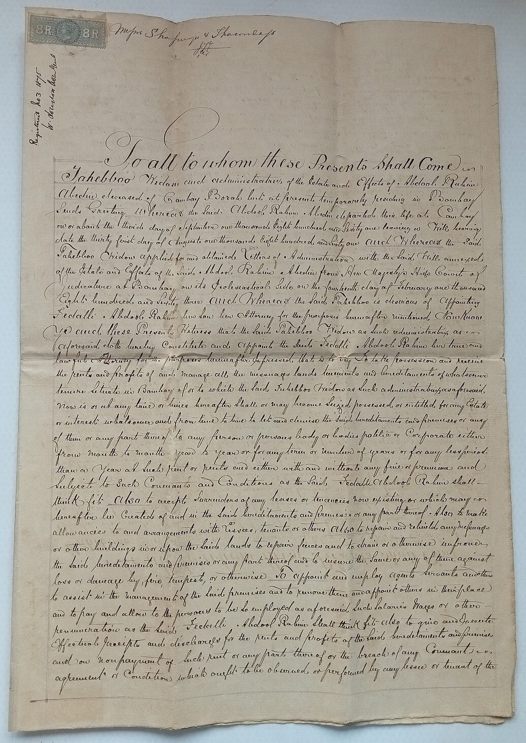 AOP India 1875 Indenture with QV 1868 Special Adhesive 8R