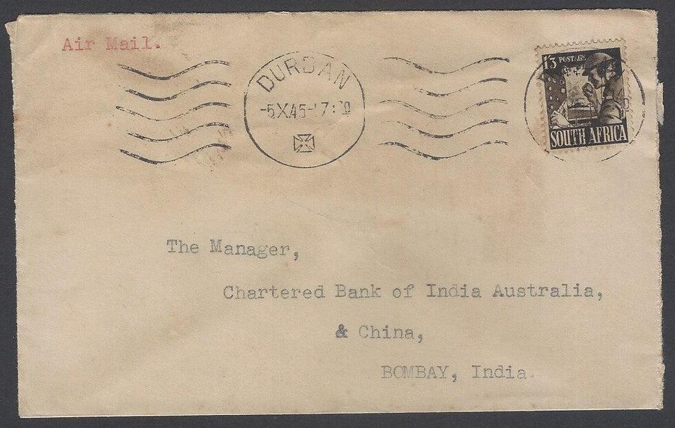AOP South Africa 1941 1/3 single franked cover canc Durban to India