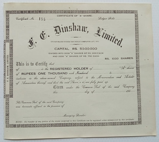 (AOP) India share certificate - 1940s F. E. DINSHAW LTD. unused