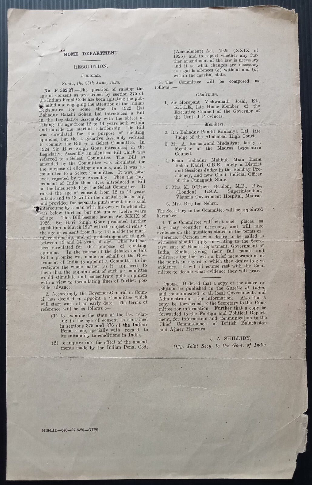 India 1928 official Correspondence re: raising the age of sexual consent to 14