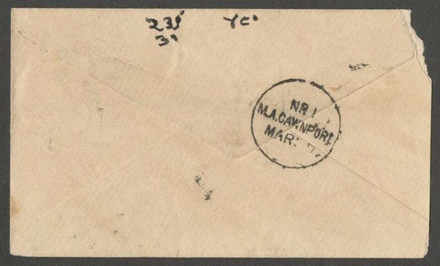 AOPIMT India QV 1882 1/2a blue envelope canc RMS in bars "No.1/M.A.CAWNPORE"