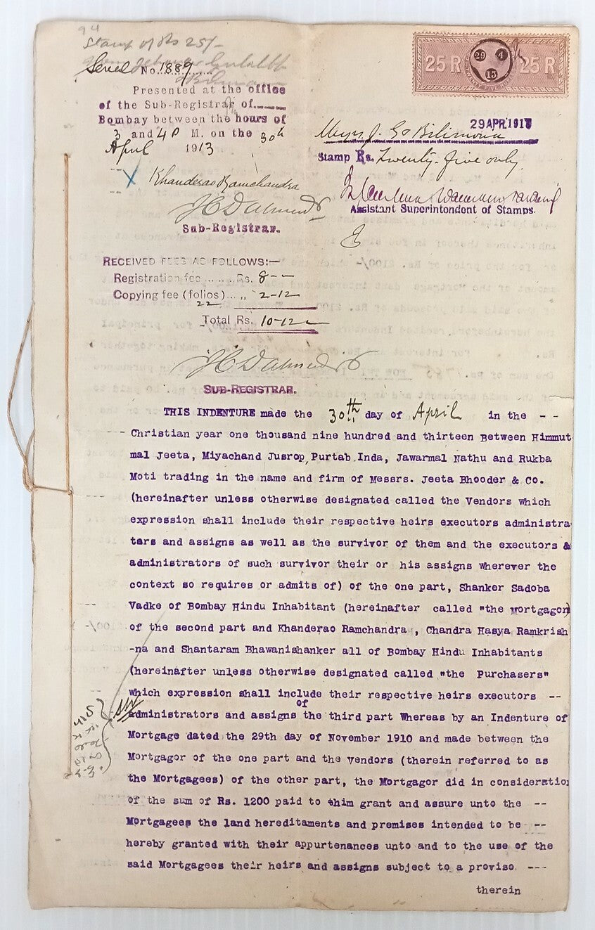 AOP India 1913 8 pages Indenture with QV 1889 25R LATE USED	