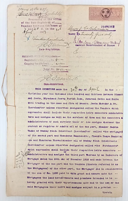 AOP India 1913 8 pages Indenture with QV 1889 25R LATE USED	