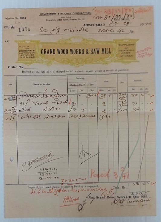 AOP Grand Wood Works & Saw Mill Ahmedabad 1920 illustrated billhead India