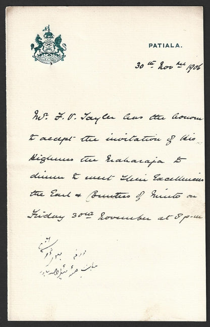 India PATIALA STATE 1906 crested letter re: Meeting with Viceroy Minto
