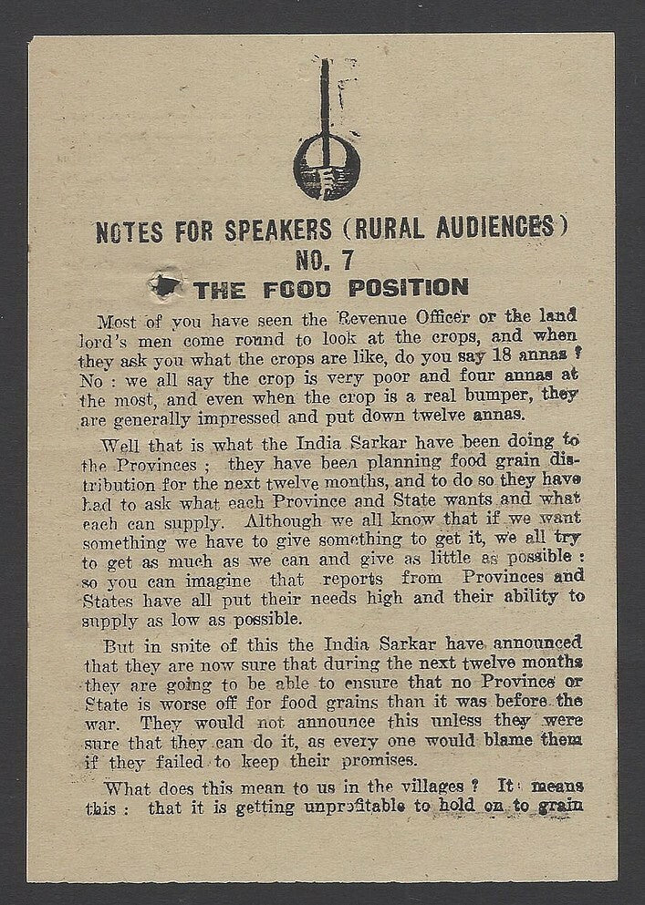 India 1943 WW2 War Front Propaganda Leaflet Note For Speakers The Food Position