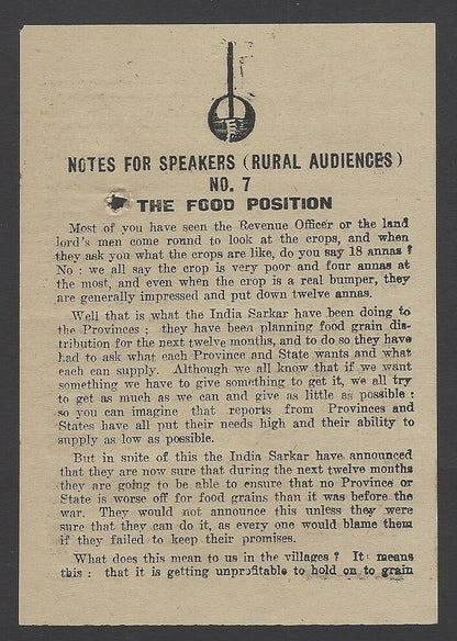 India 1943 WW2 War Front Propaganda Leaflet Note For Speakers The Food Position