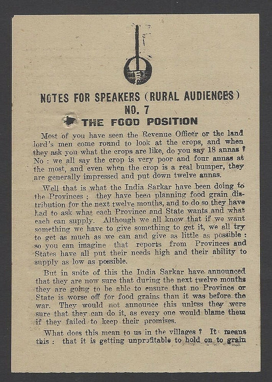 India 1943 WW2 War Front Propaganda Leaflet Note For Speakers The Food Position