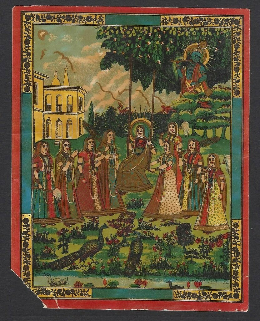 AOP India vintage litho textile label Krishna & Gopis 11x14cm