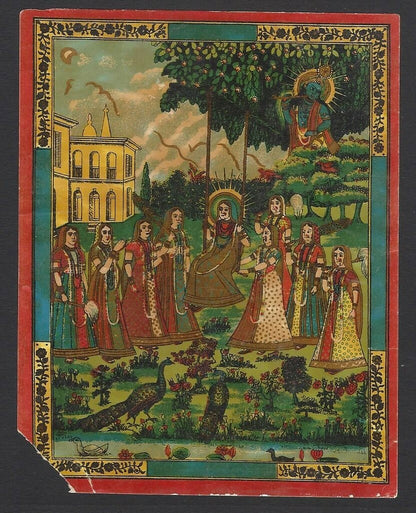 AOP India vintage litho textile label Krishna & Gopis 11x14cm