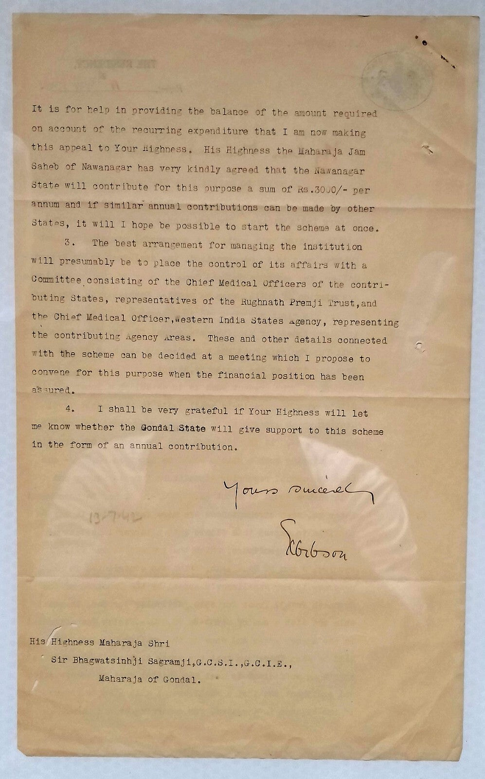 India 1945 Western India States Agency  crested Tuberculosis letter sd Gibson