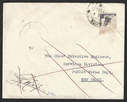 India 1944 thrice used OHMS registered cover with Economy label