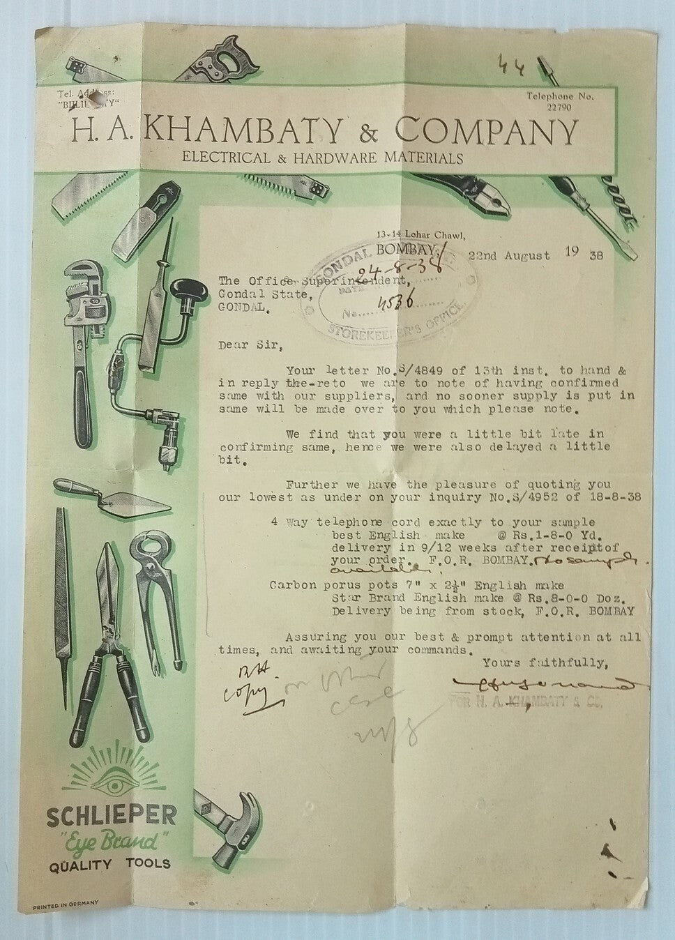AOP Electrical & Hardware Materials Bombay 1938 illustrated letterhead India