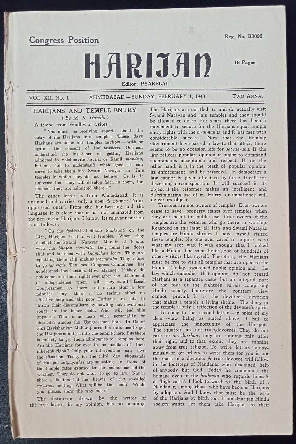 India HARIJAN 1-2-1948 the first issue after Gandhi's murder