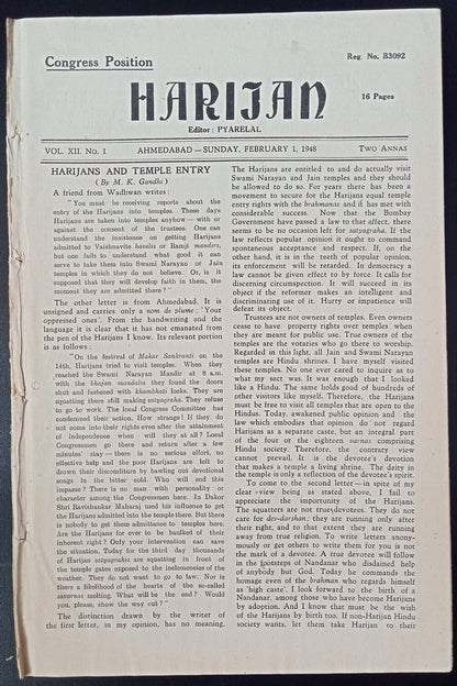 India HARIJAN 1-2-1948 the first issue after Gandhi's murder