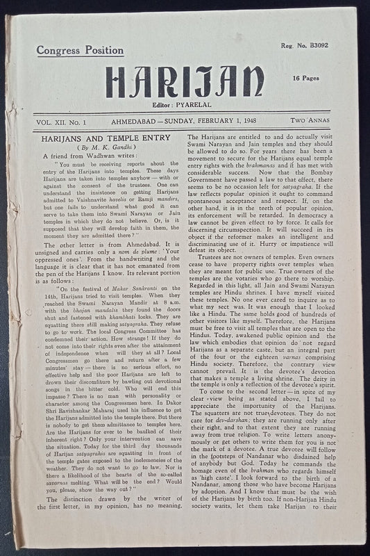 India HARIJAN 1-2-1948 the first issue after Gandhi's murder