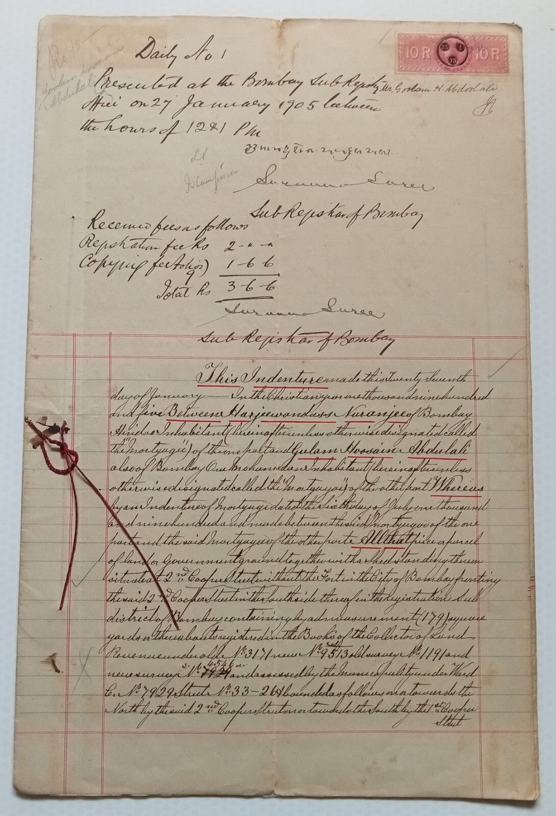 AOP India QV Queen Victoria 1868 Special Adhesive 10R on 1905 indenture 3 pgs