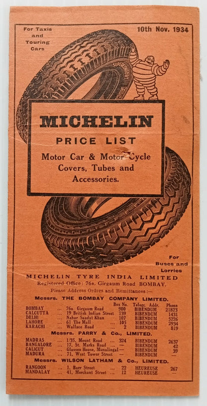 AOP india Feb 1935 MICHELIN India Tyres Price List