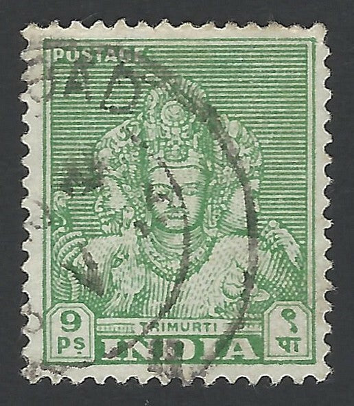 India 1949 9p green Trimurti watermark inverted used SG 311w