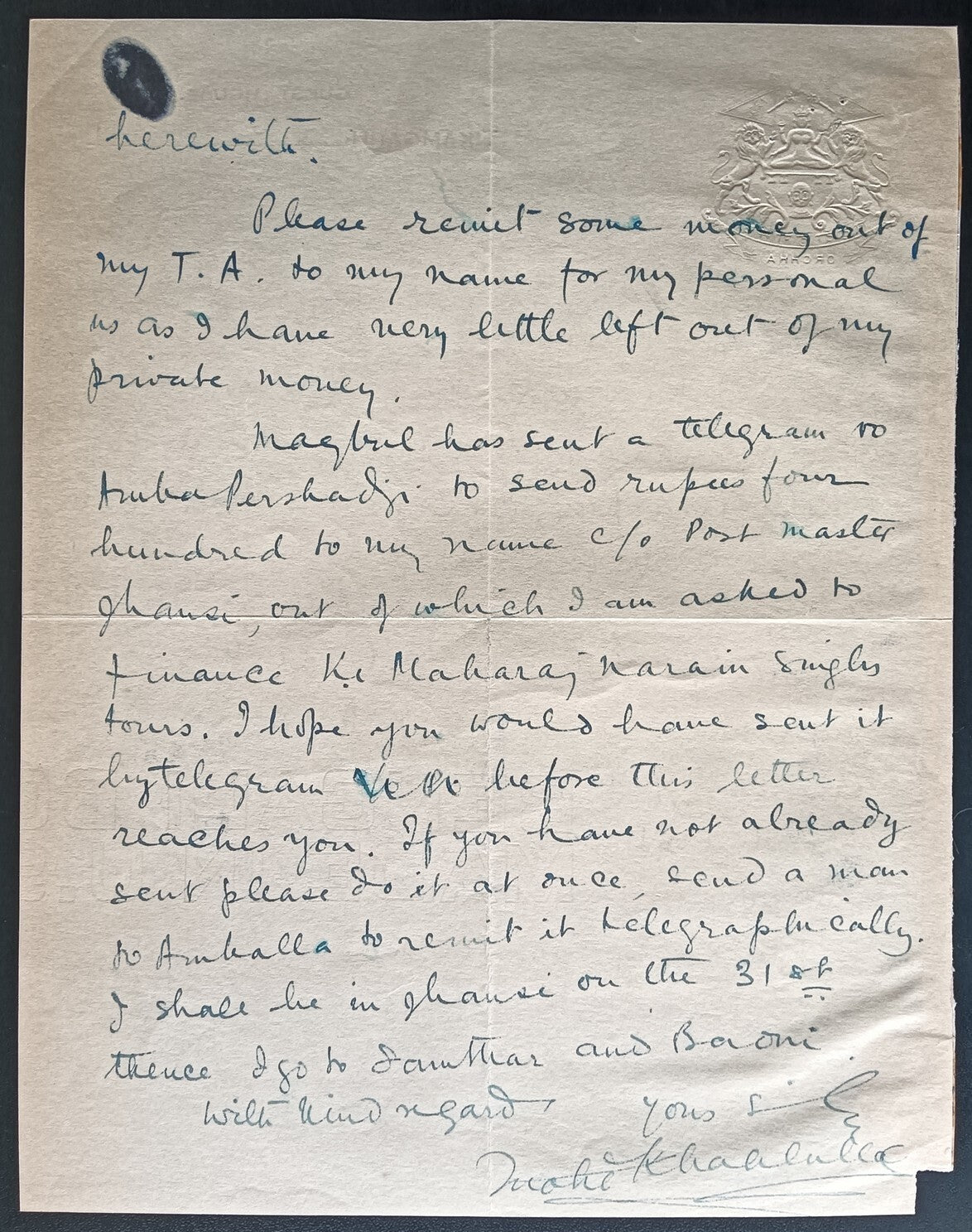 India 1931 crested letter ORCHHA STATE