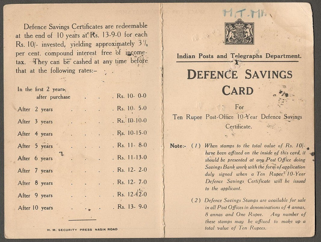 India WW2 SAVE FOR INDIA'S DEFENCE stamps 1R x 10 on savings card used LAHORE