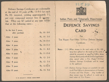 India WW2 SAVE FOR INDIA'S DEFENCE stamps 1R x 10 on savings card used LAHORE