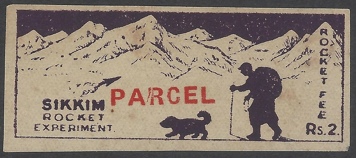 AOP India Sikkim Rocket Experiment ROCKET FEE Rs.2 violet label ovpt PARCEL