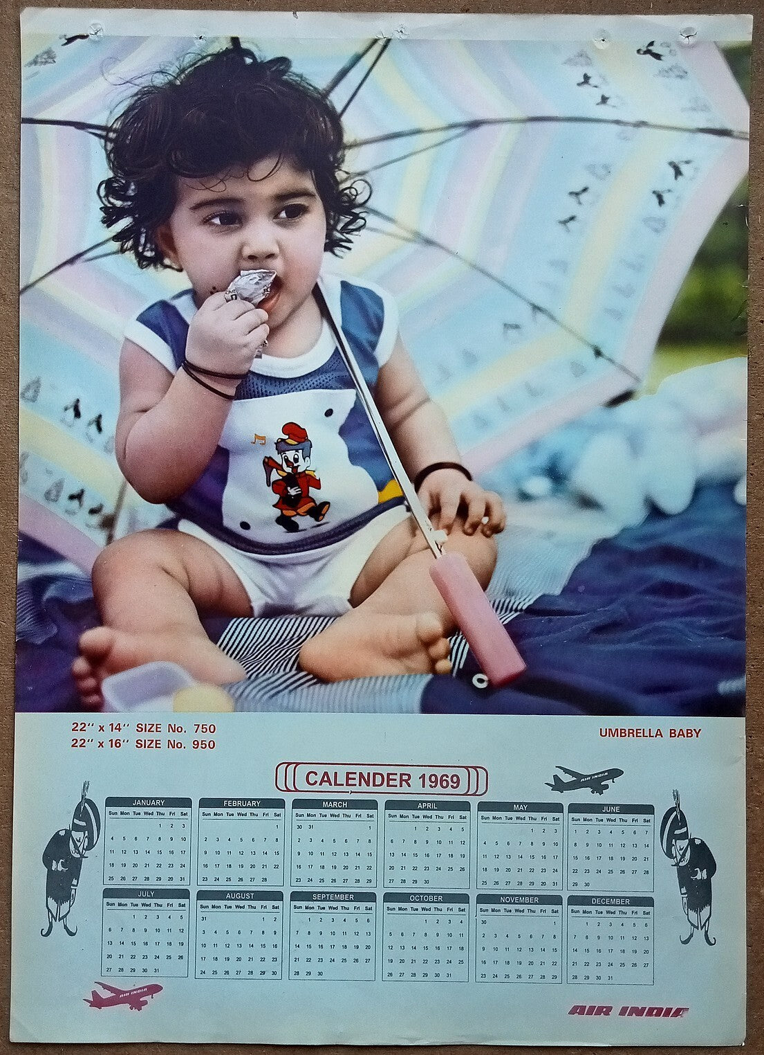 AIR INDIA 1969 poster calender 950 - UMBRELLA BABY - R