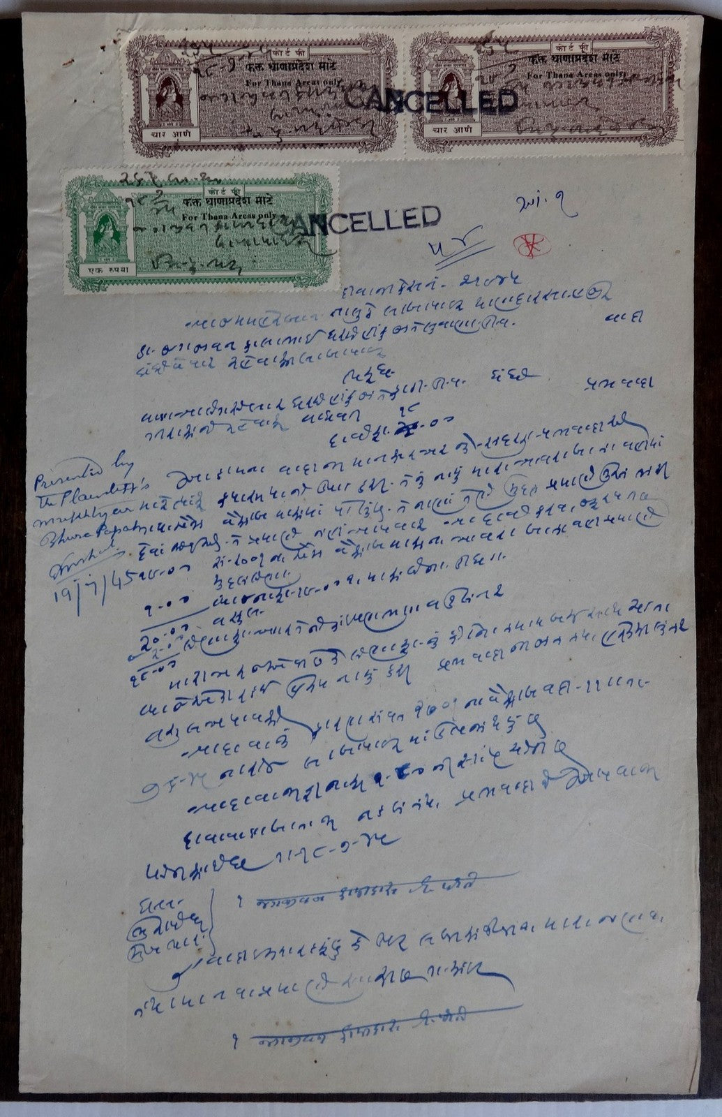 India BARODA THANE AREAS 4as (2) & 1Re on VF document