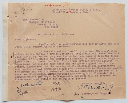 India 1944 letter signed Maharaja of Surguja State