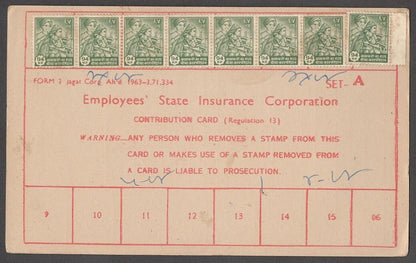 India ESIS Insurance card with 8 ESIS 94p stamps