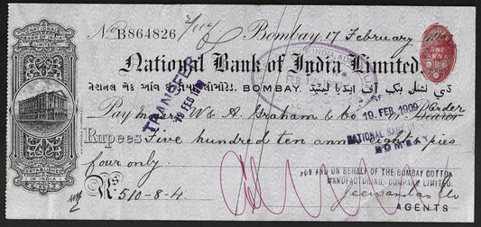 India National Bank of India Limited, Bombay 1909 cheque