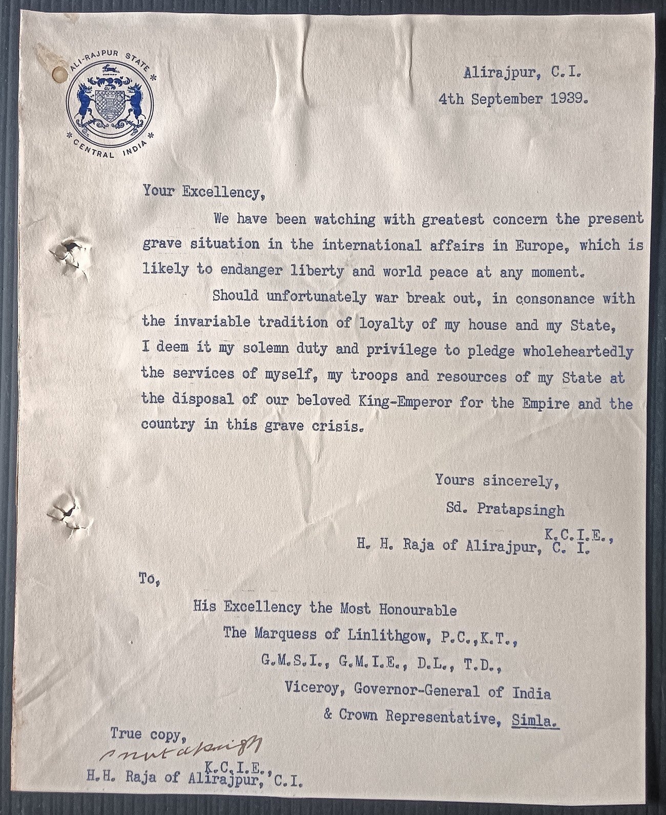 India 1939 Raja Alirajpura letter pledging himself & his Troops to the Emperor