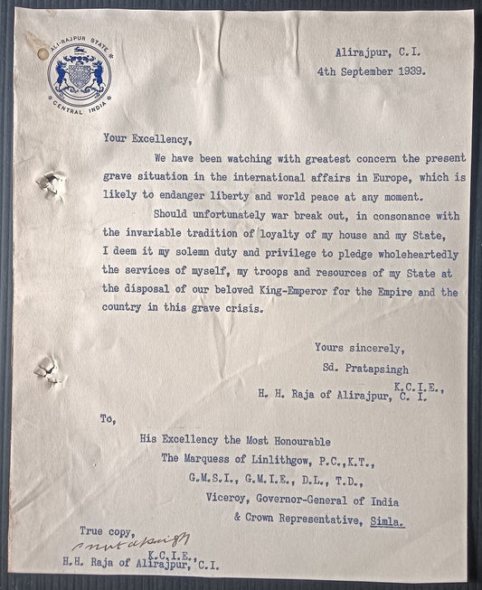 India 1939 Raja Alirajpura letter pledging himself & his Troops to the Emperor