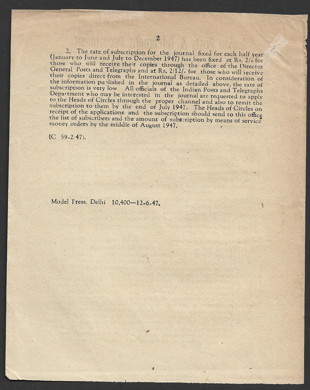 India POSTAL CIRCULAR No. 5 9th June 1947 L'UNION POSTALE