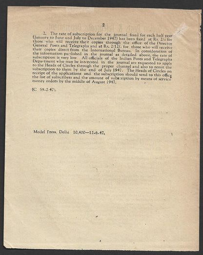 India POSTAL CIRCULAR No. 5 9th June 1947 L'UNION POSTALE