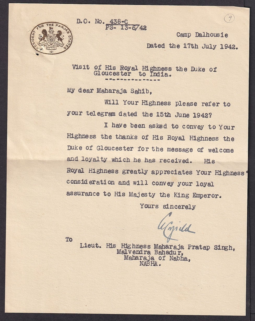 India 1942 crested letter RESIDENT PANJAB STATE Duke Gloucester's India Visit