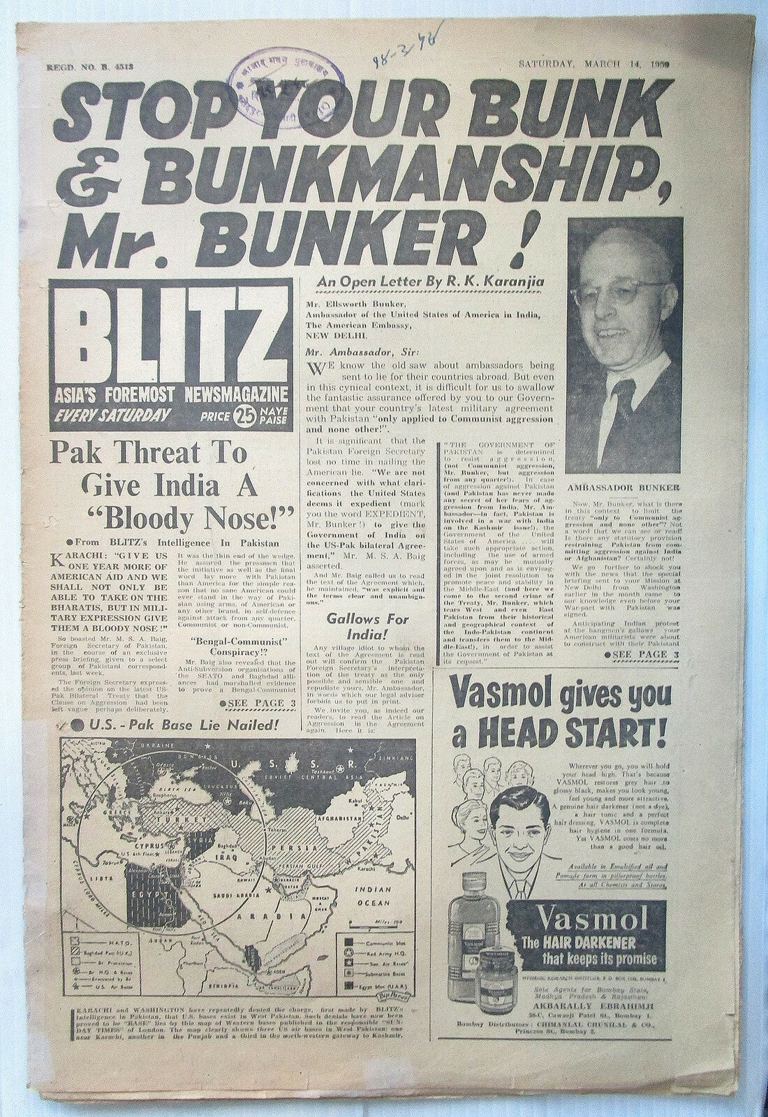 India Blitz 14 March 1959 PAK THREAT TO GIVE INDIA A BLODDY NOSE see condition