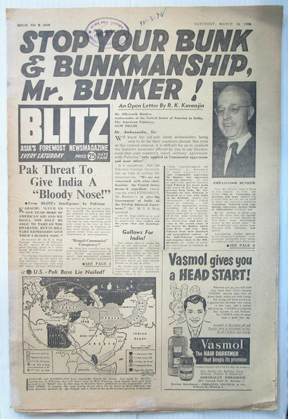 India Blitz 14 March 1959 PAK THREAT TO GIVE INDIA A BLODDY NOSE see condition