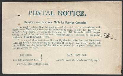 India POSTAL NOTICE 19 Nov.1936 Christmas & New Year Mails for Foreign Countries