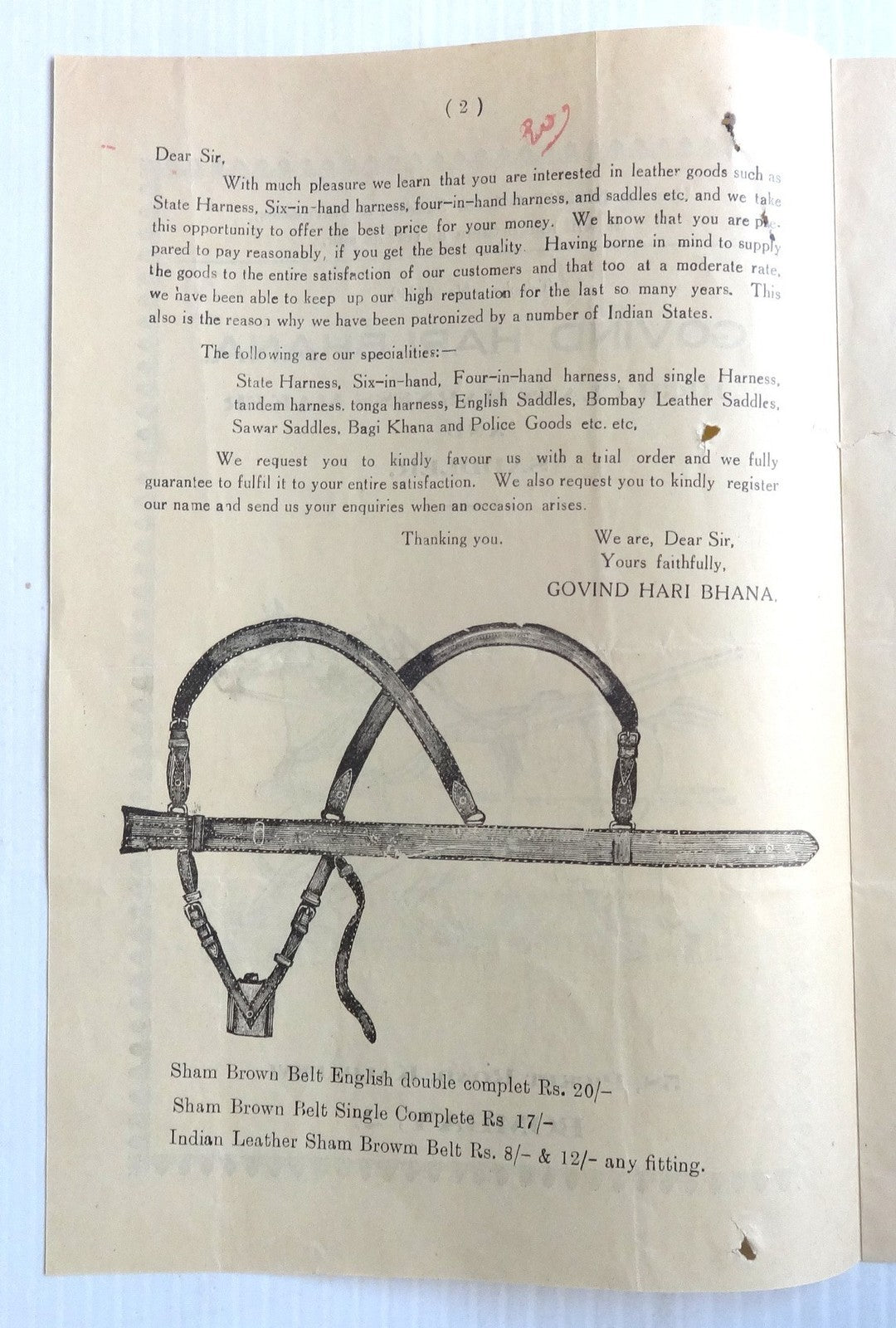 India 1930s advertiement brochure HORSE HARNESS SADDLES MOTOR PARTS